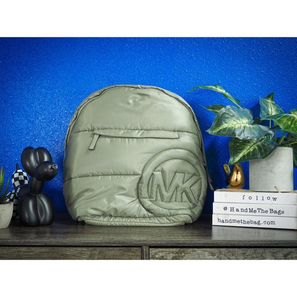 NWT Michael Kors Rae Medium Backpack Green Quilted Nylon Fabric Shoulder Bookbag - Picture 5 of 9